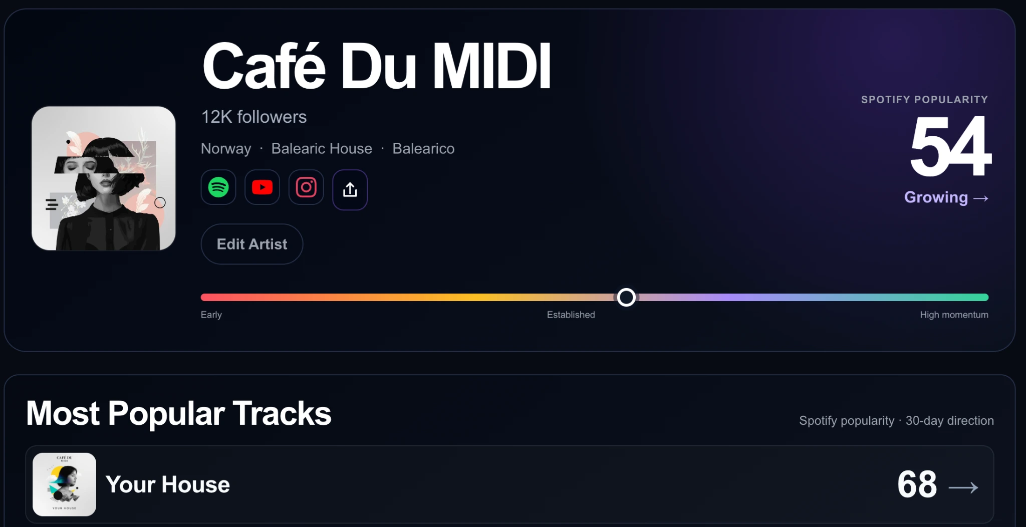 Analytics artist profile and track popularity